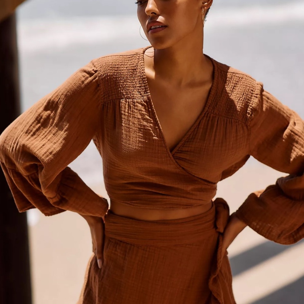 By Anthropologie Two-Piece Ruffled-Hem Brown Cotton Wrap Top and Skirt Set Small